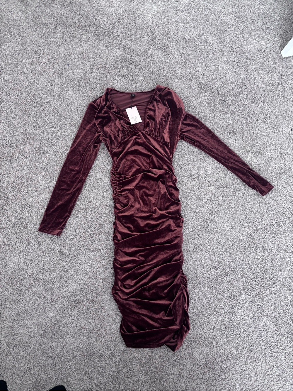 SHEIN Ruched Velvet Long Sleeve Midi Dress - Burgundy